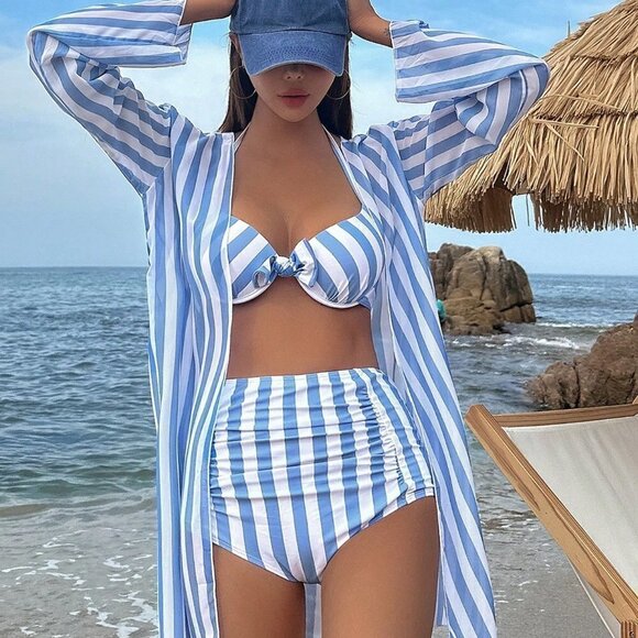 . Other - Blue Casual Womens Striped High Waisted Bikini Swimsuit With Kimono
